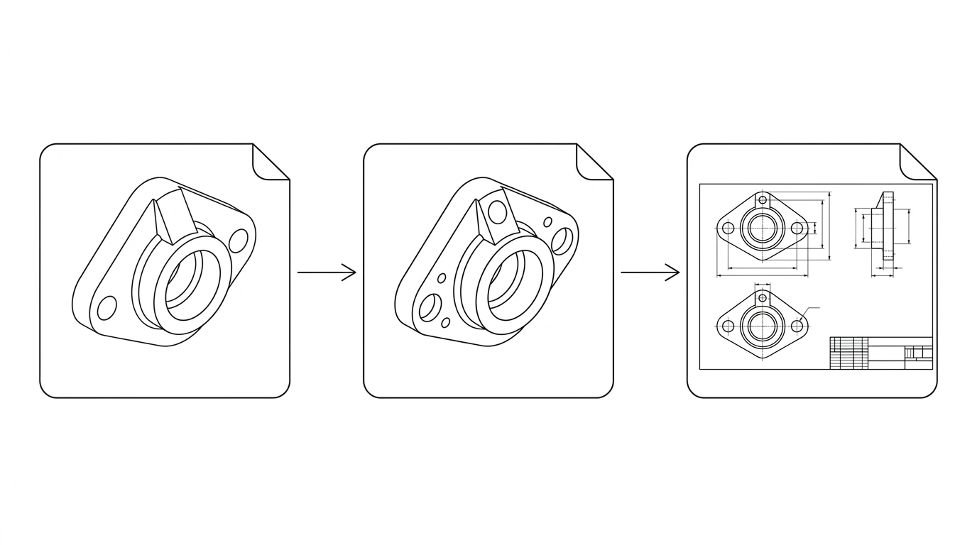 Three-stage pipeline: a photo of a flange, a traced vector outline, and a finished dimensioned technical drawing