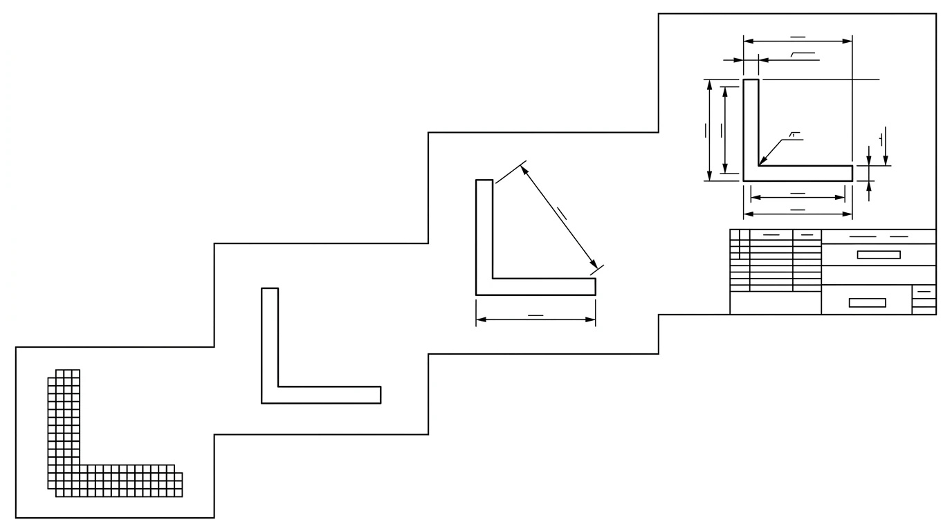 A rising staircase: a pixel-grid outline, a clean vector outline, the outline with one reference dimension, and a fully dimensioned drawing
