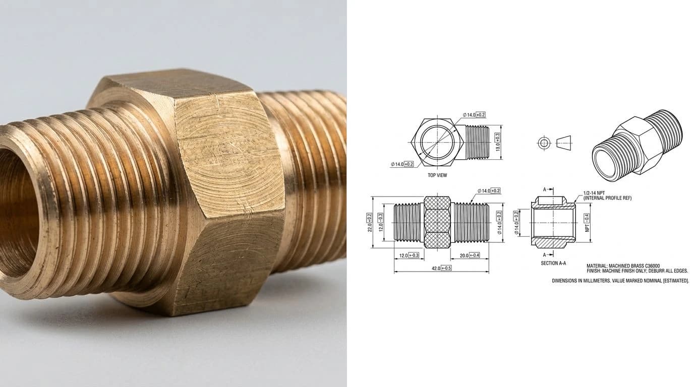 A photo of a machined brass hex pipe fitting on the left and its reconstructed technical drawing on the right, with dimensioned views, thread callouts and a section