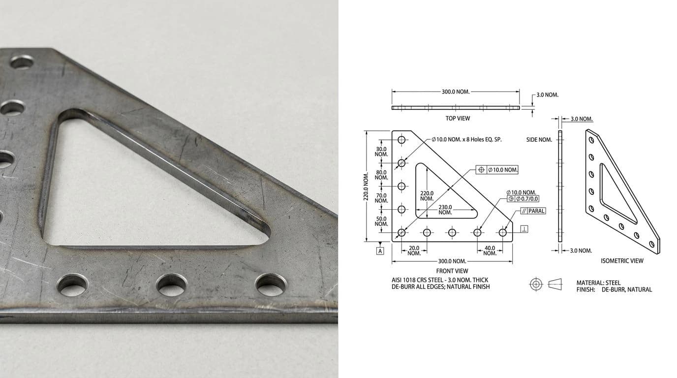 A photo of a laser-cut steel gusset plate on the left and its reconstructed technical drawing on the right, with hole pattern dimensions and overall sizes