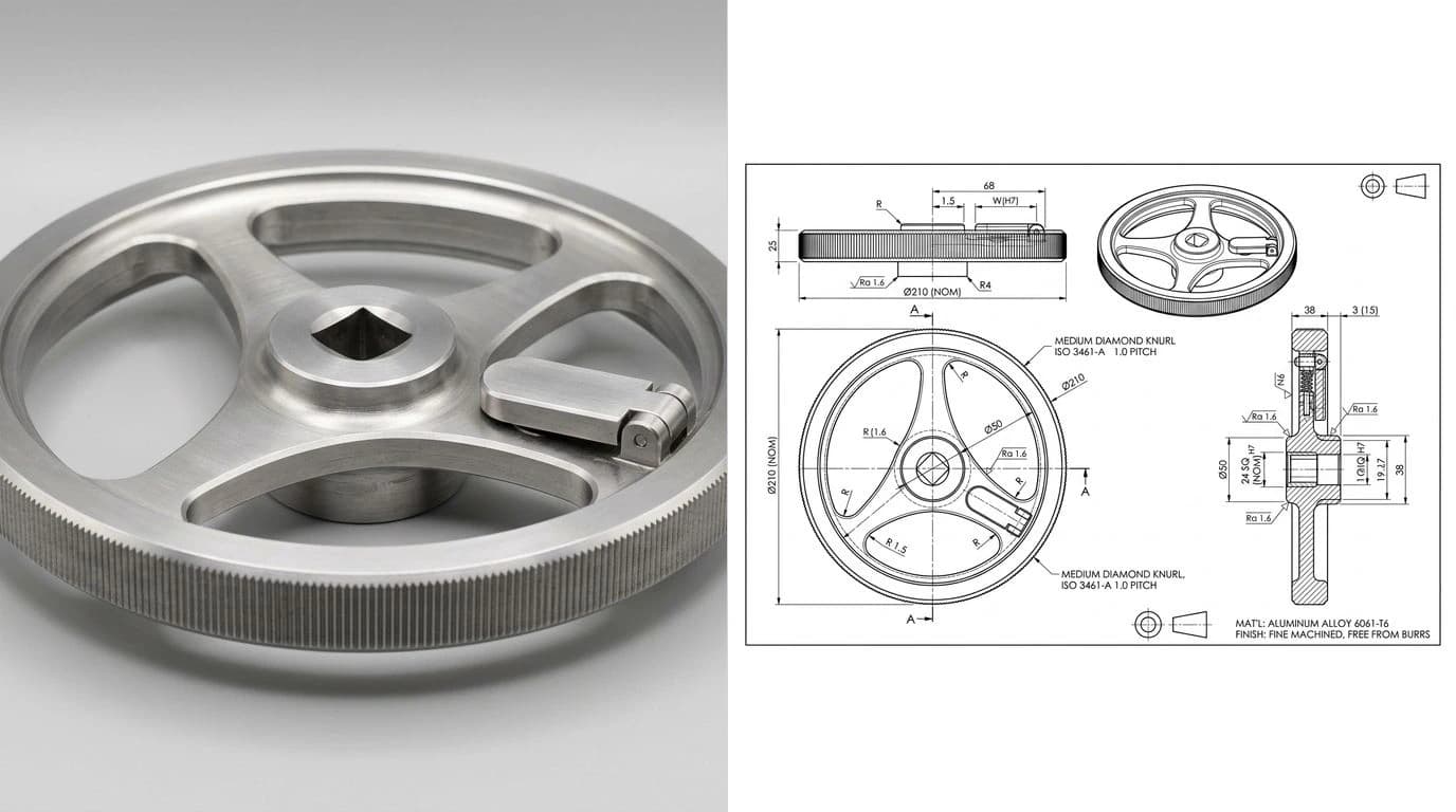 A photo of a machined aluminium control handwheel on the left and its reconstructed technical drawing on the right, with dimensioned front and section views and an isometric