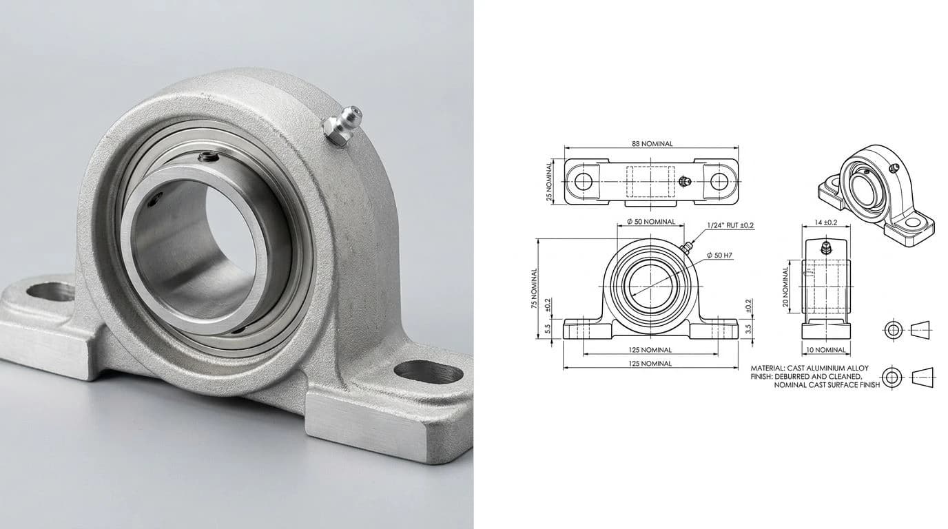 A photo of a cast aluminium pillow block bearing housing on the left and the same part as a dimensioned 2D technical drawing (front, top, side and isometric views) exported as a DWG on the right