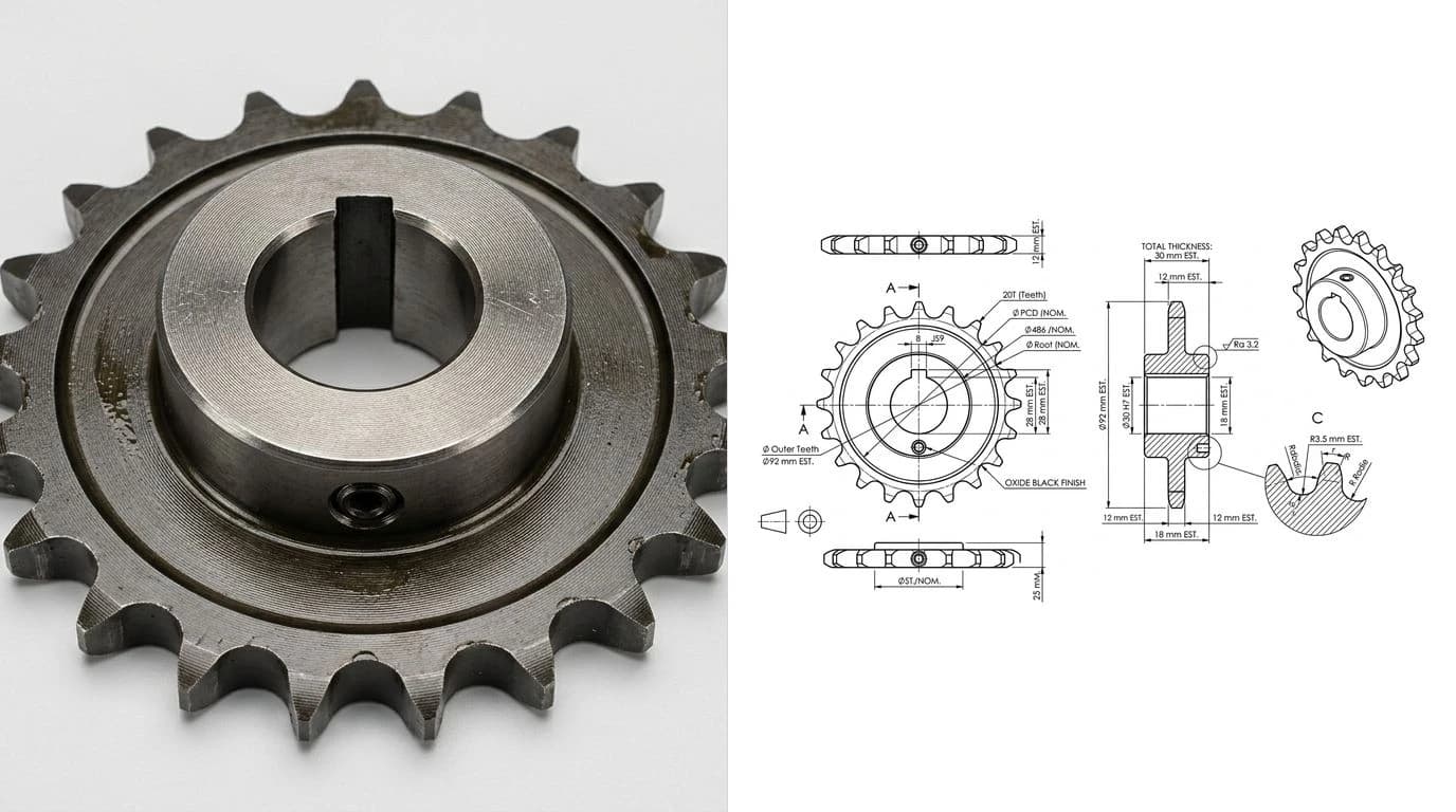 A photo of a steel roller chain sprocket on the left and its reconstructed technical drawing on the right, with dimensioned front and side views, bore and keyway callouts and an isometric view