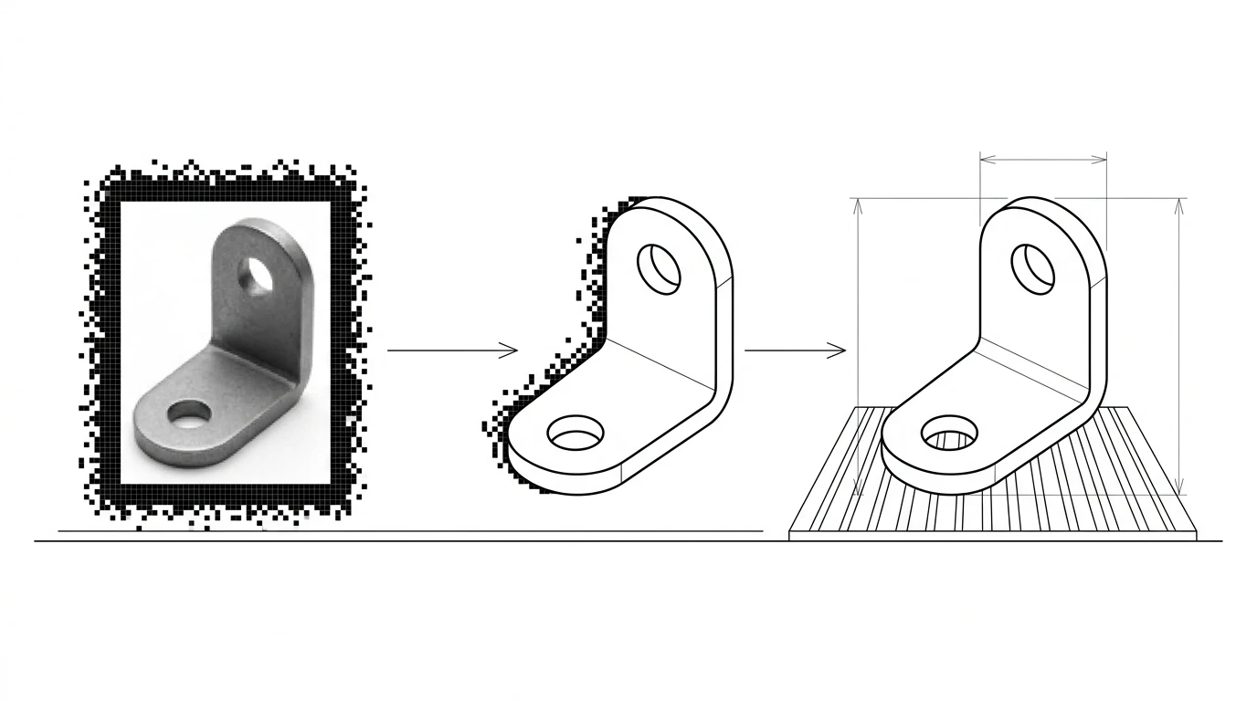 A raster image on the left breaking into pixels, an arrow, and a clean vector DXF of closed cut contours on the right, ready for a laser bed