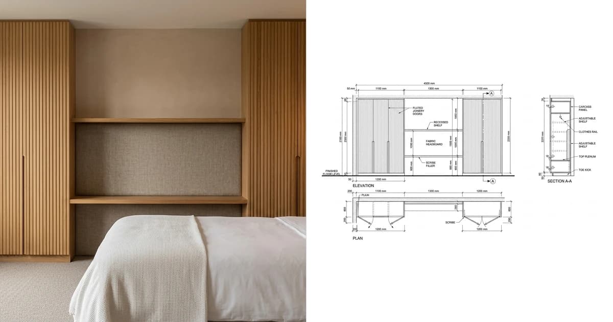A photo of a fitted bedroom wardrobe run with a headboard panel on the left and the joinery shop drawing generated from it on the right, showing elevation, plan and section dimensioned in millimetres