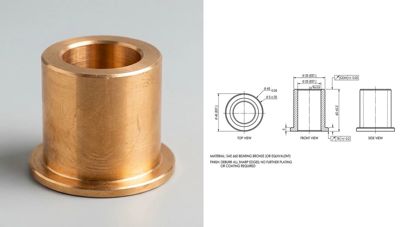 A JPG photo of a bronze flanged sleeve bushing next to its CAD drawing with the bore and flange diameters dimensioned