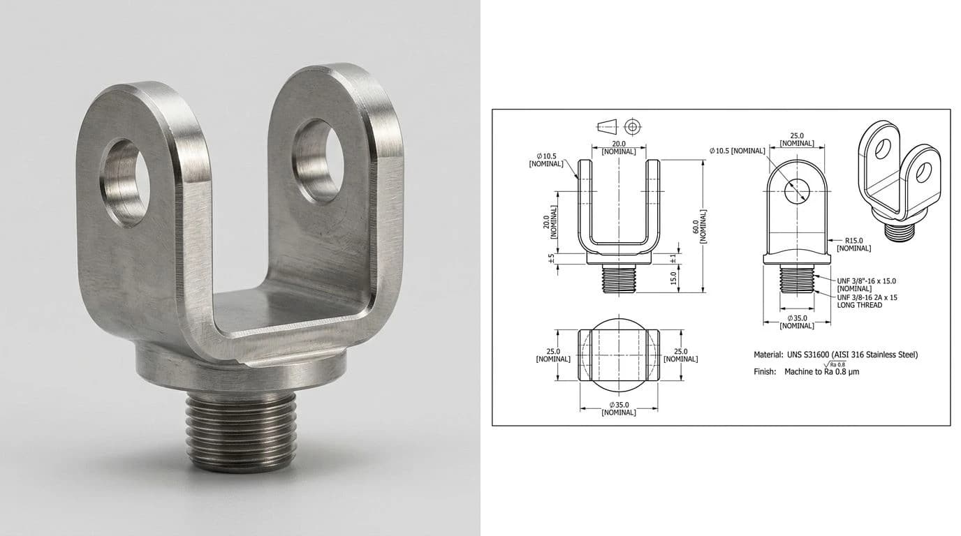 A JPG photo of a steel clevis U-bracket beside the CAD drawing with aligned pin holes and the threaded stem dimensioned