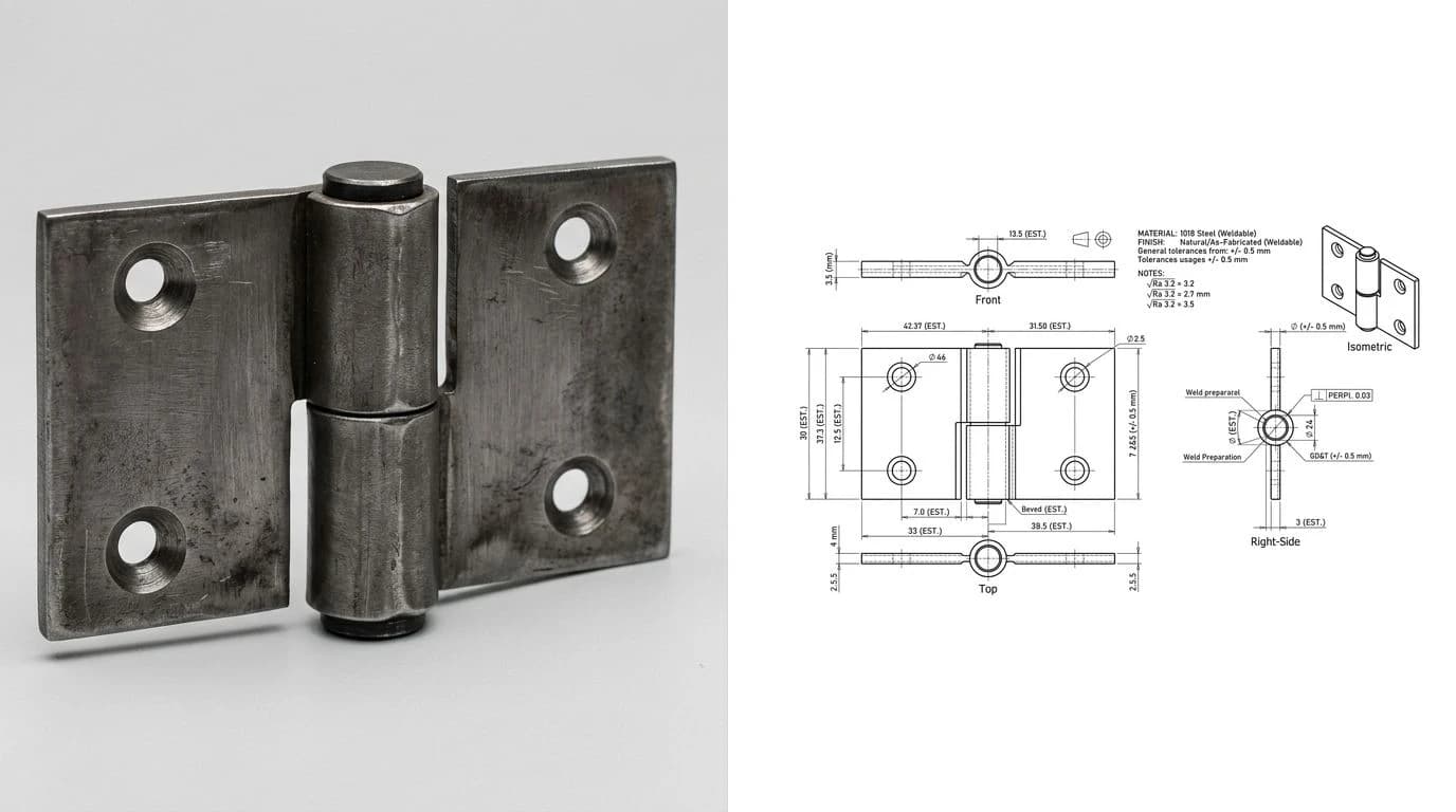 A JPG photo of a steel weld-on gate hinge on the left and the dimensioned orthographic CAD drawing generated from it on the right