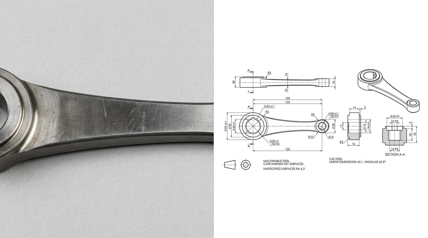 A JPG photo of a machined steel crank lever arm beside the redrawn CAD working drawing with dimensioned hubs and keyway
