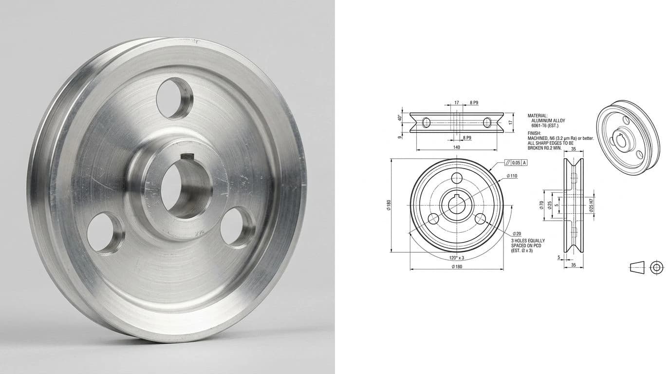 A photo of a machined aluminium V-belt pulley on the left and the clean dimensioned CAD drawing produced from it on the right