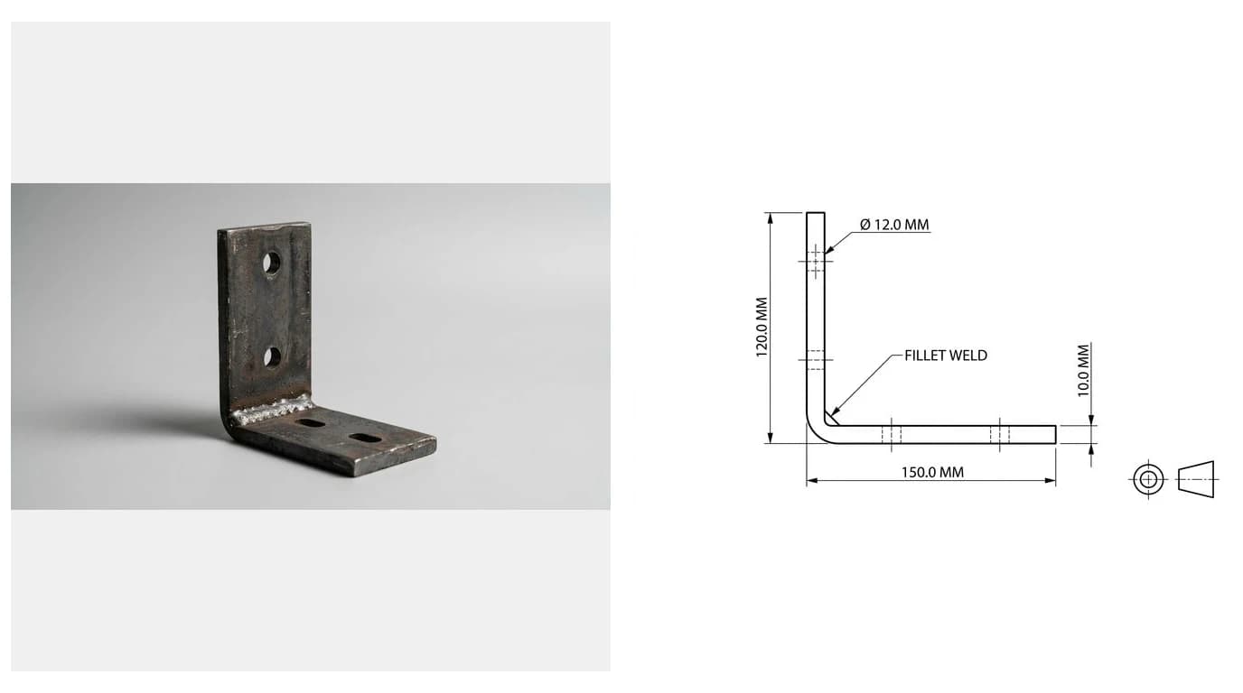A photo of a welded steel angle bracket beside its dimensioned side elevation drawing with a fillet weld note and four dimensions