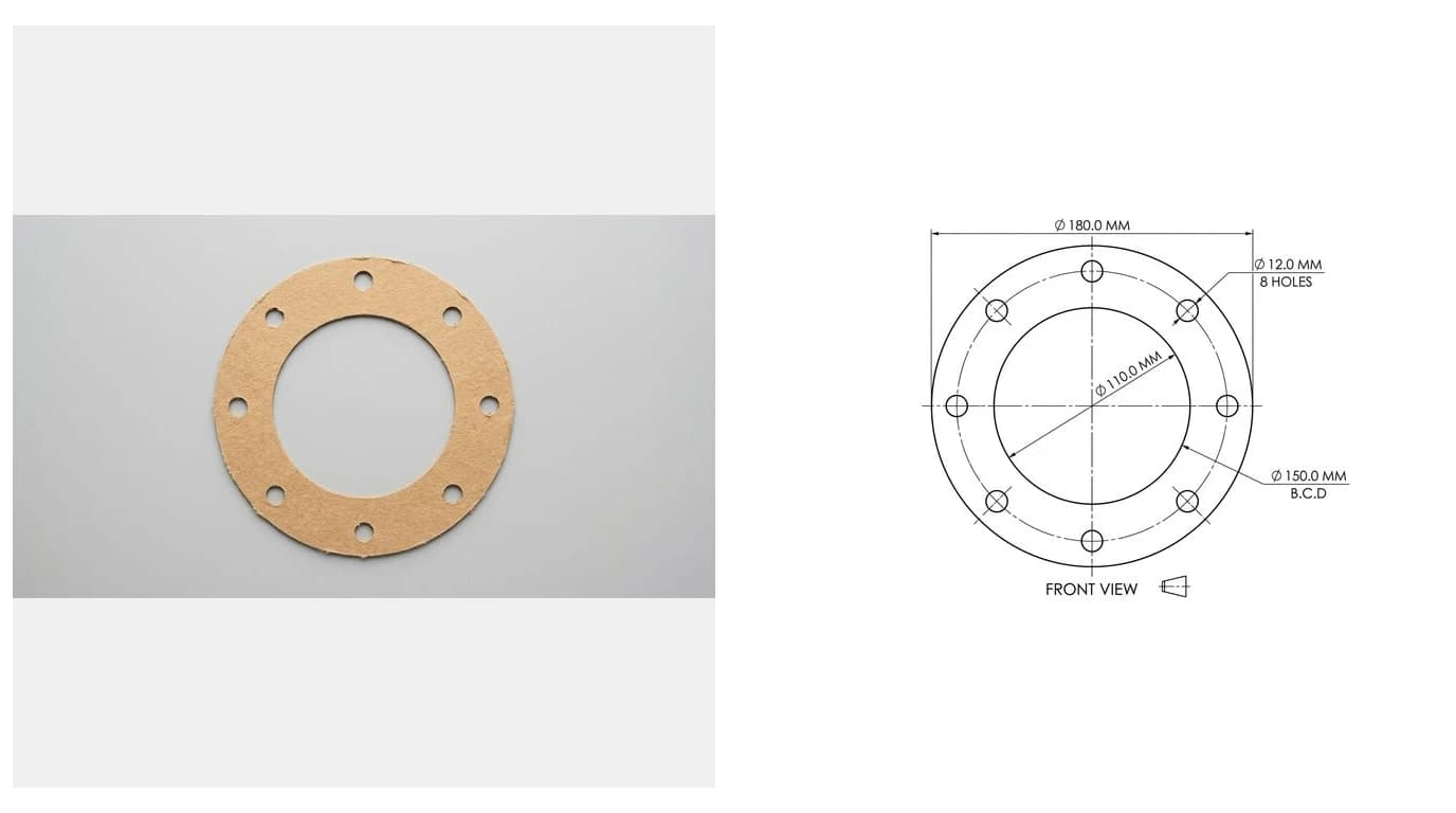 A flat paper gasket photographed from directly above beside its traced outline as a dimensioned drawing showing the outside diameter, bore and eight bolt holes