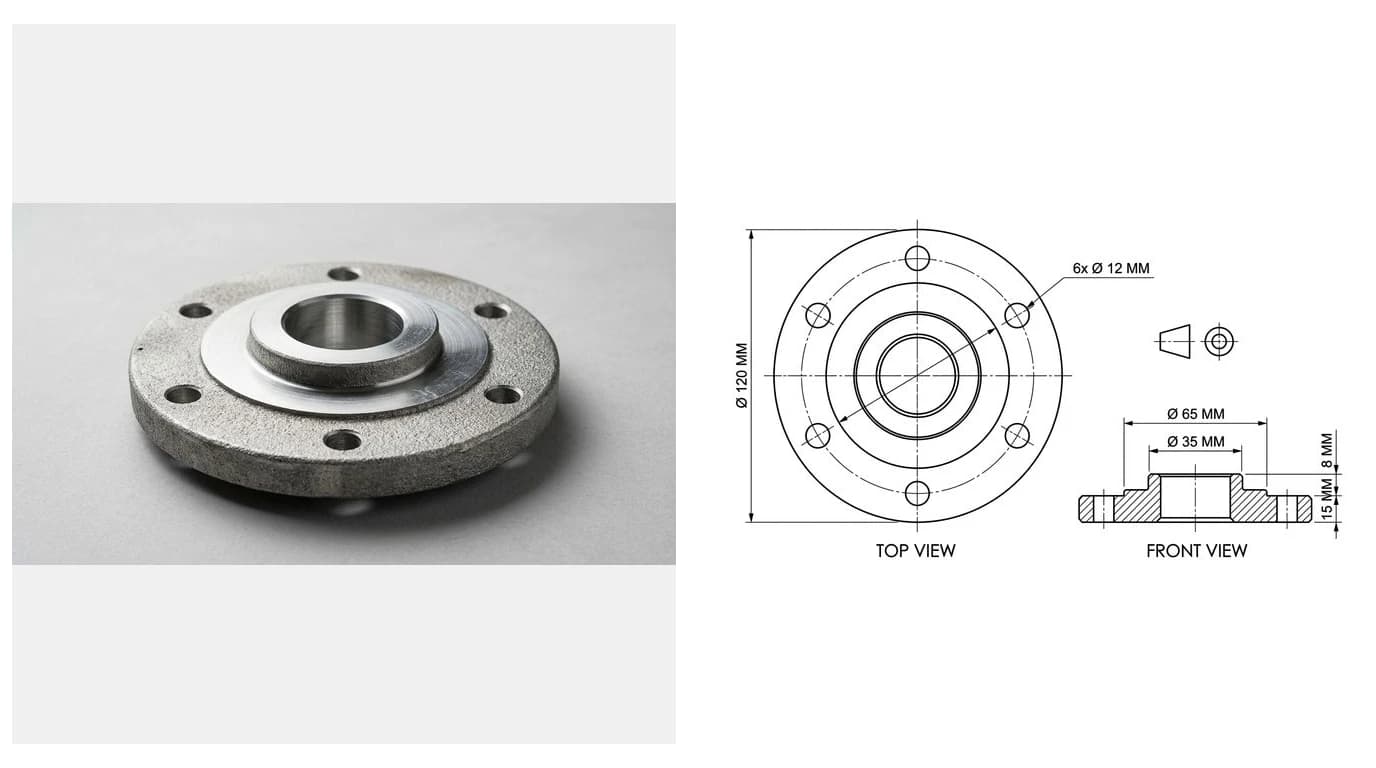 A photo of a cast aluminium pump flange on the left and the same part as a dimensioned DWG drawing with front and side views on the right