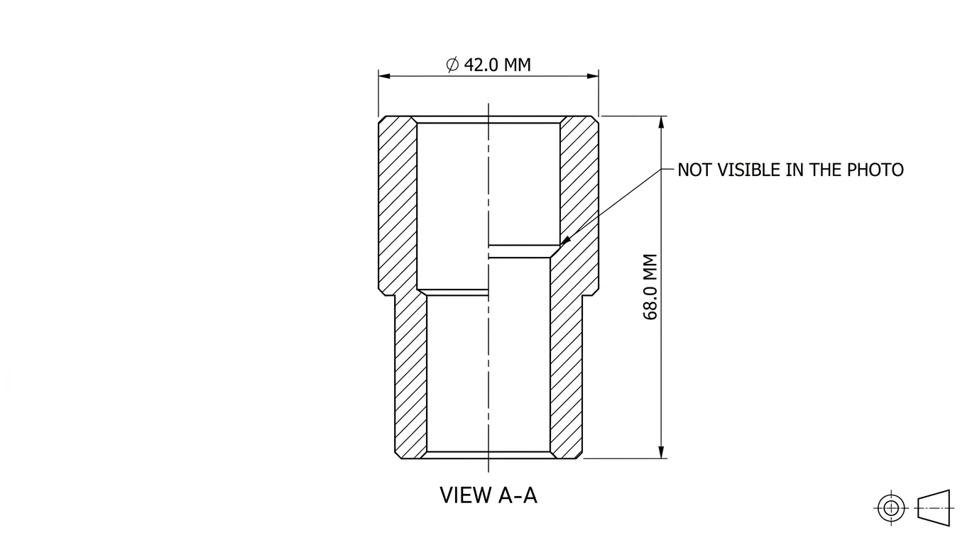 A cross section drawing of a stepped bronze bushing with a leader note pointing at the internal shoulder reading NOT VISIBLE IN THE PHOTO