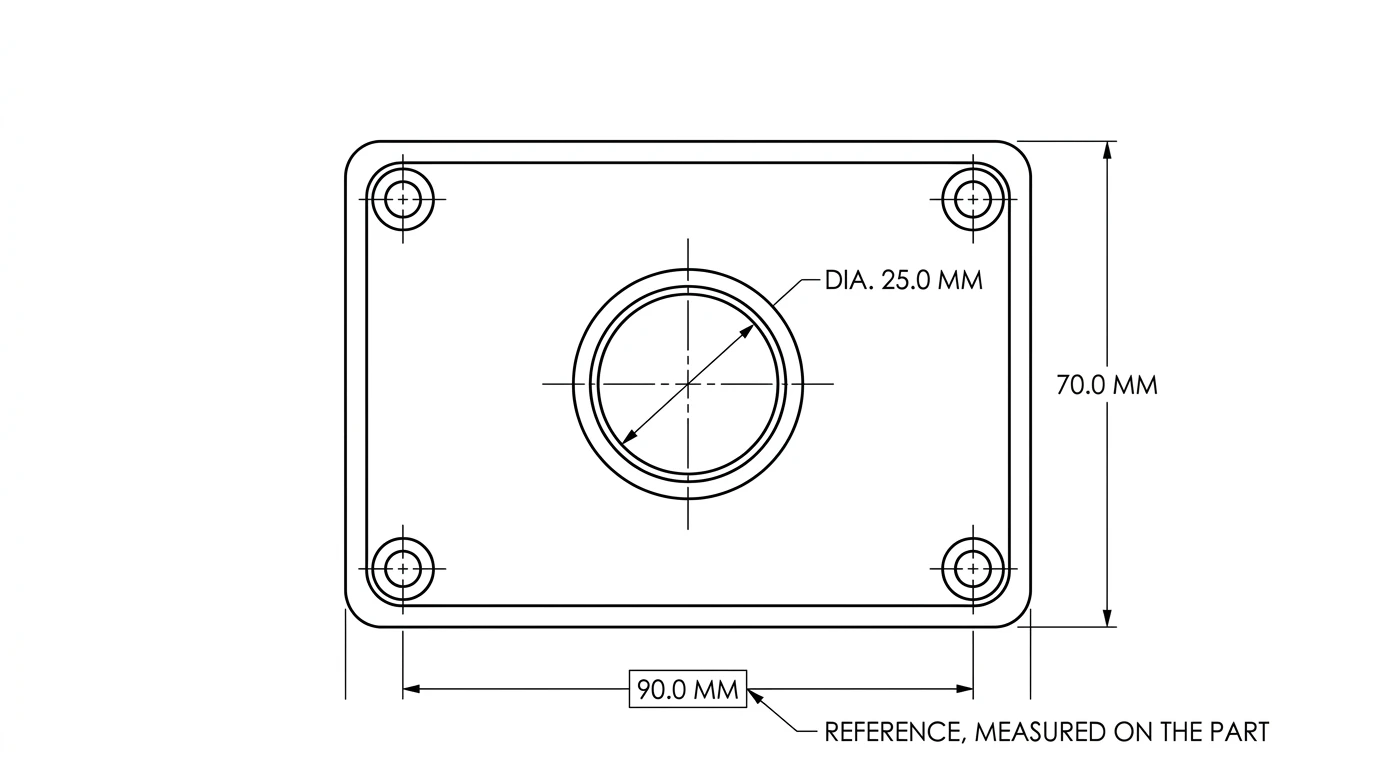 A drawing of a machined steel spacer plate with the overall length dimension boxed and a leader note reading REFERENCE, MEASURED ON THE PART