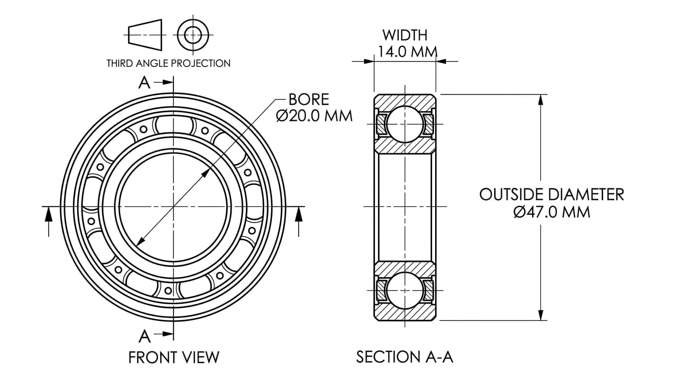 A drawing of a deep groove ball bearing in front view and cross section with the bore, outside diameter and width dimensioned