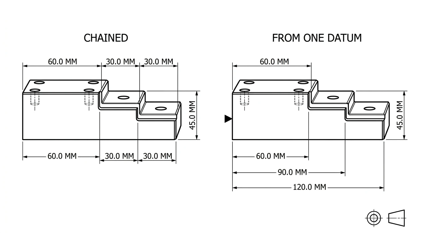 A drawing showing the same stepped spacer block dimensioned twice, once as a chain of step to step dimensions and once as parallel dimensions all taken from a single datum end face