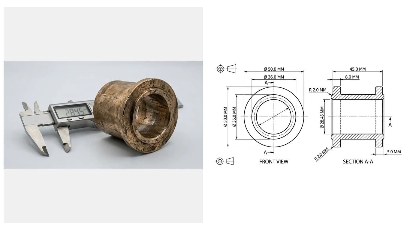 A photo of a worn bronze flanged bushing with a digital caliper beside it, next to the dimensioned working drawing generated from it showing front and section views