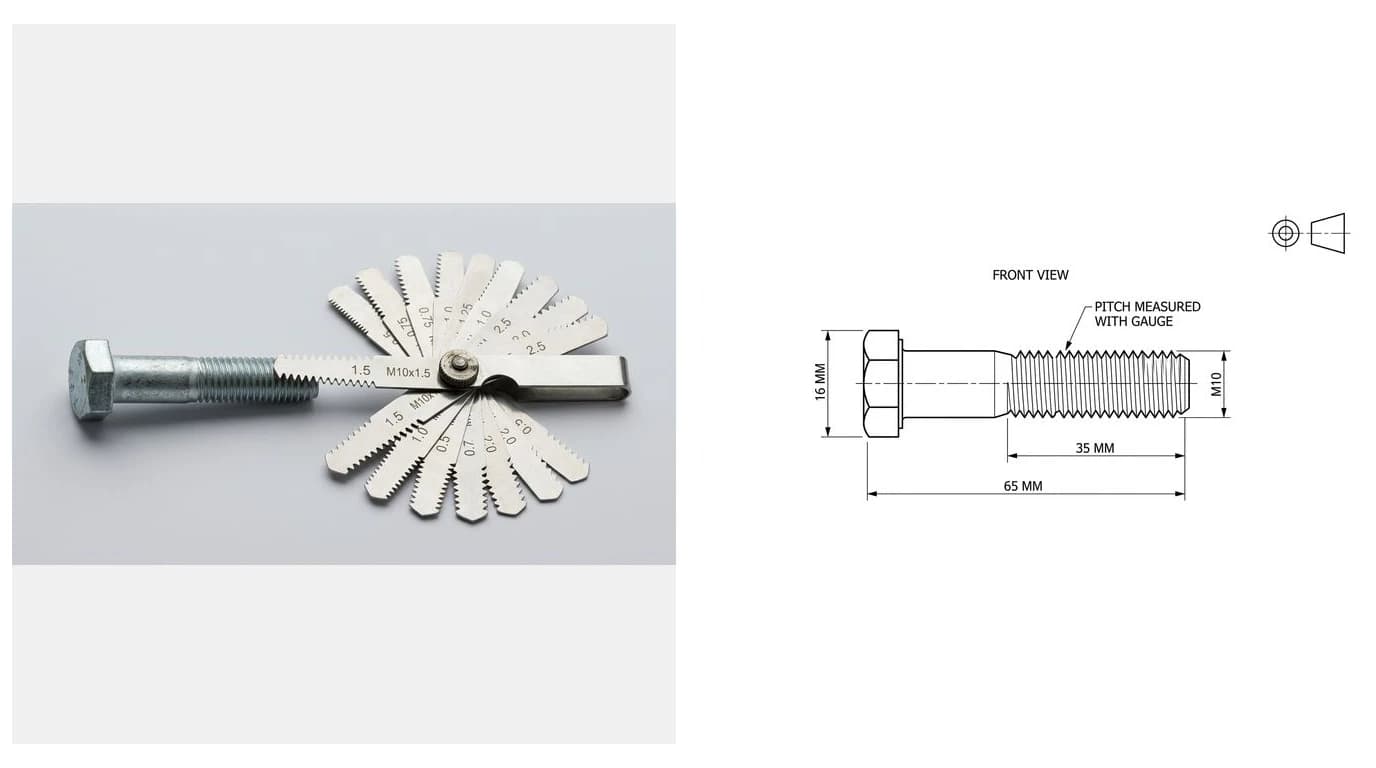 A photo of a hex head bolt beside a fanned out thread pitch gauge, next to the drawing generated from it dimensioning the thread major diameter, thread length and hex across flats