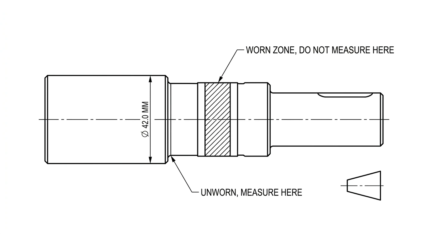 A drawing of a stepped drive shaft with a hatched band in the middle labelled as the worn zone not to measure, and a diameter dimension at the unworn shoulder labelled as the place to measure