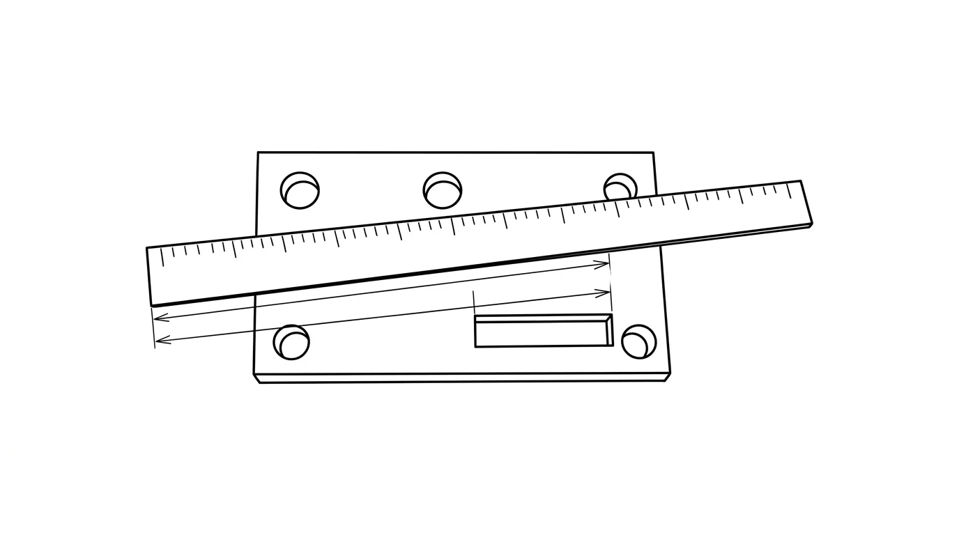 A flat object photographed straight on next to a ruler used as a scale reference, with thin measurement ticks marking a feature's length
