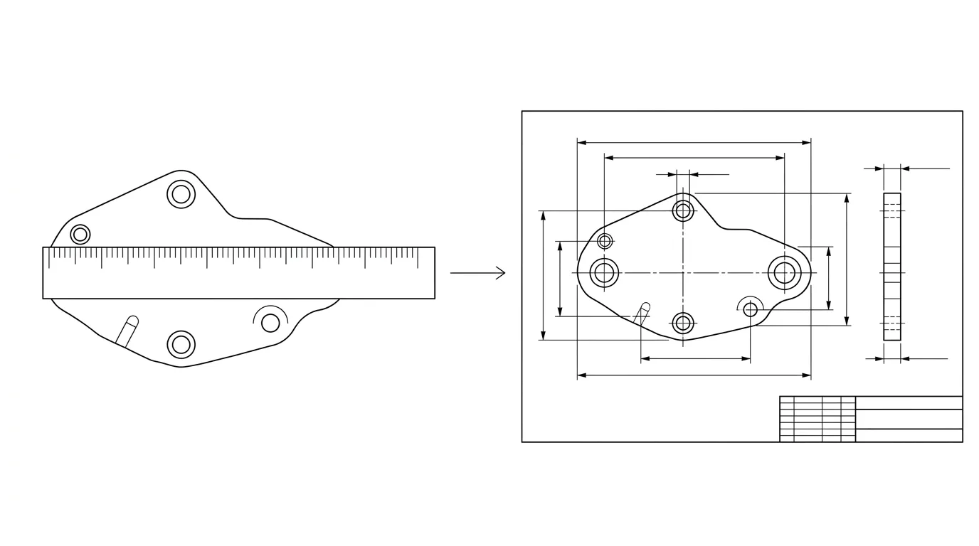 Two-panel diagram: on the left an overhead photo of a flat part with a ruler laid across it as a reference; an arrow pointing right; on the right the same part as a clean orthographic technical drawing with dimension lines and a title block