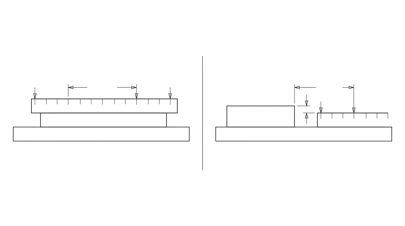 Side-view diagram: on the left a ruler lying flat on the top face of a part at the same height; on the right a ruler resting on the table beside the part at a lower height, with an arrow marking the gap that introduces scale error