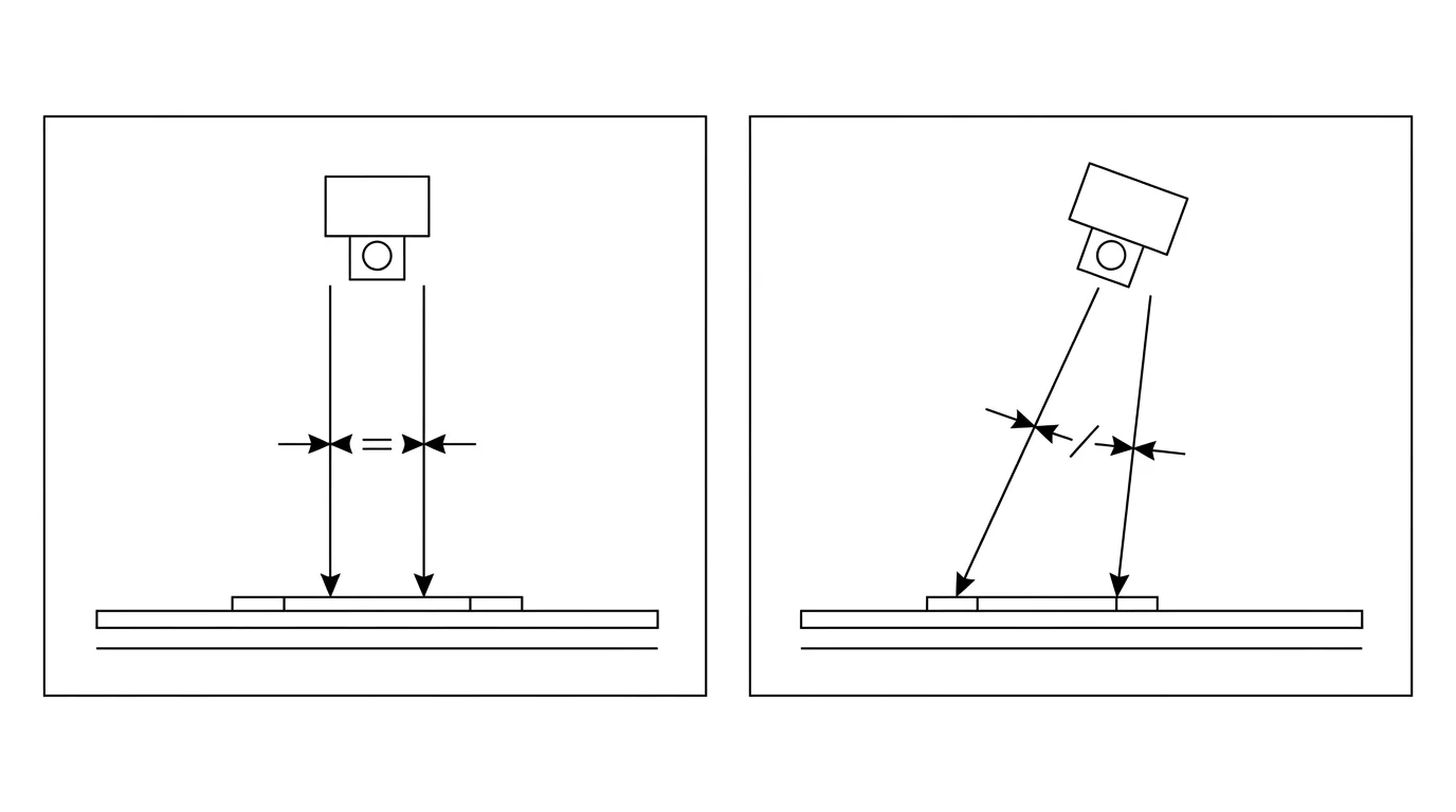 Side-view comparison: on the left a camera directly above a part shoots straight down with parallel sight lines reaching equal edge distances; on the right a tilted camera shoots at an angle with skewed sight lines reaching unequal edge distances