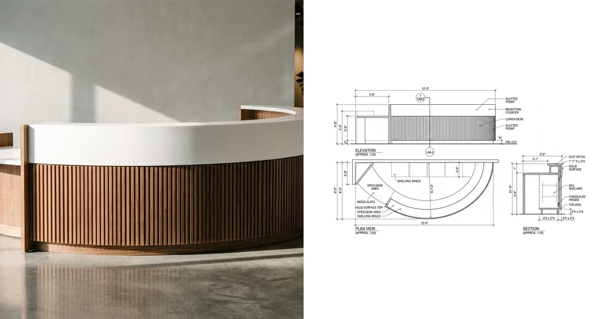 A photo of a curved reception desk with a walnut slat front on the left and the millwork shop drawing generated from it on the right, showing elevation, plan and section with dimensions
