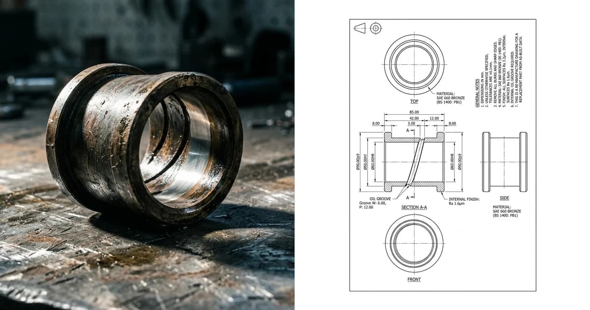 A photo of a worn bronze sleeve bushing with an oil groove on the left and the dimensioned technical drawing generated from it on the right