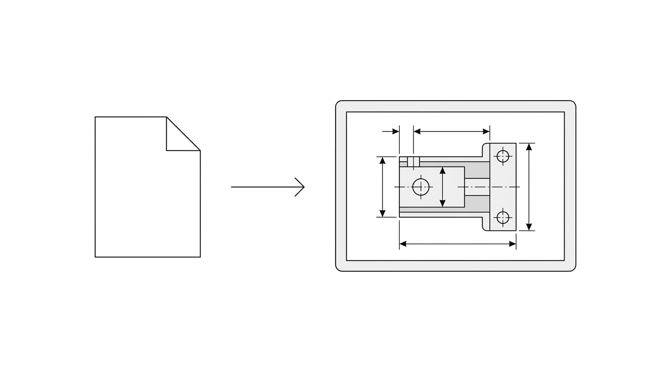 A DXF file icon opening into a 2D technical line drawing on a screen, illustrating viewing a DXF file with free software