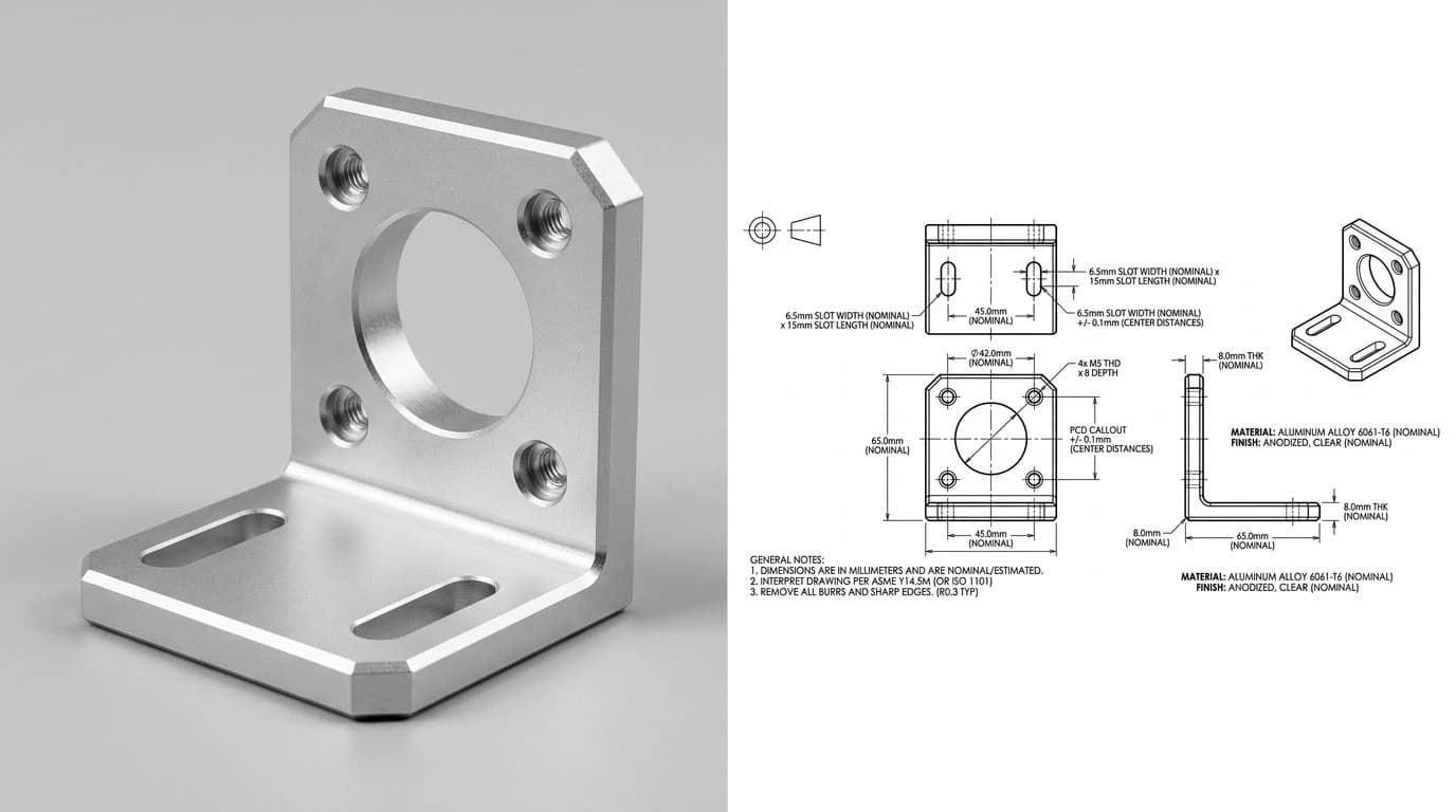 A photo of a real part on the left and the dimensioned 2D technical drawing generated from it on the right, the kind of clean DXF you then open and refine in free CAD software