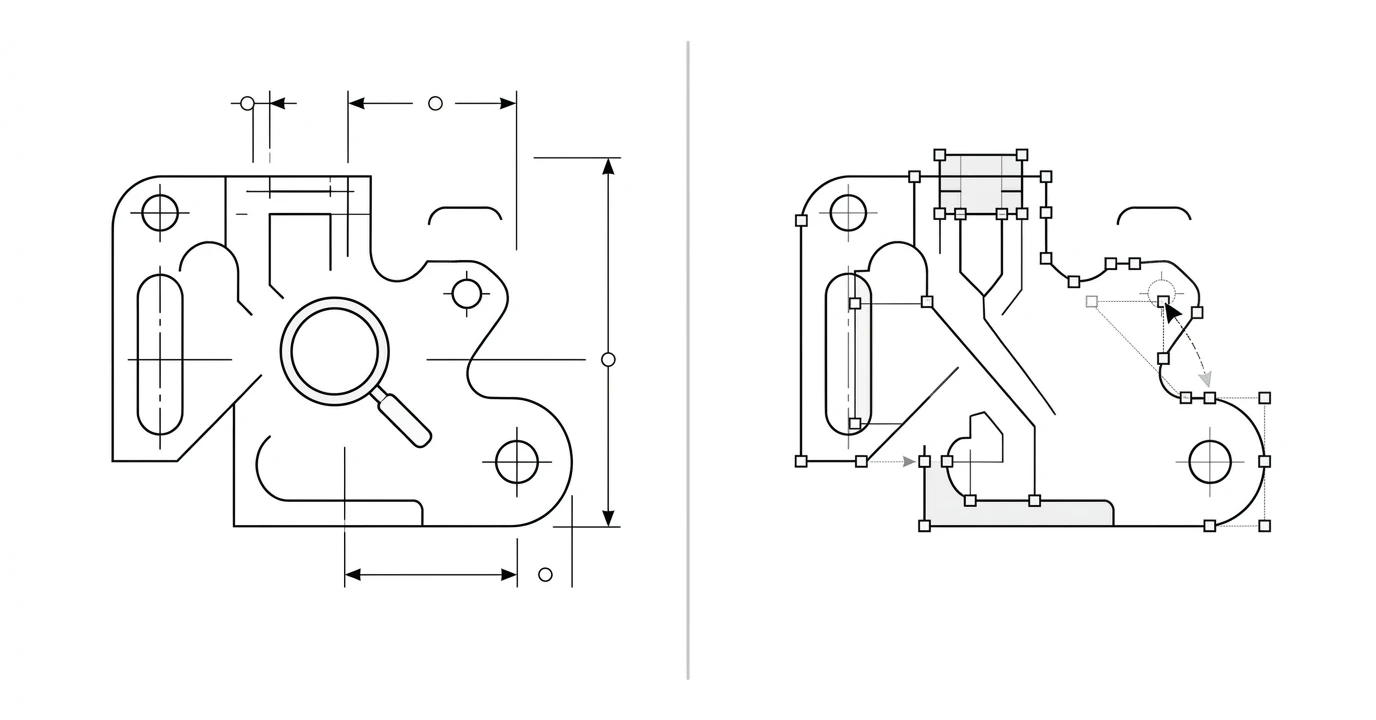 A split diagram: on one side an eye icon over a technical drawing labelled view-only for a quick look, on the other side editing handles and nodes on the same drawing labelled edit to change the geometry