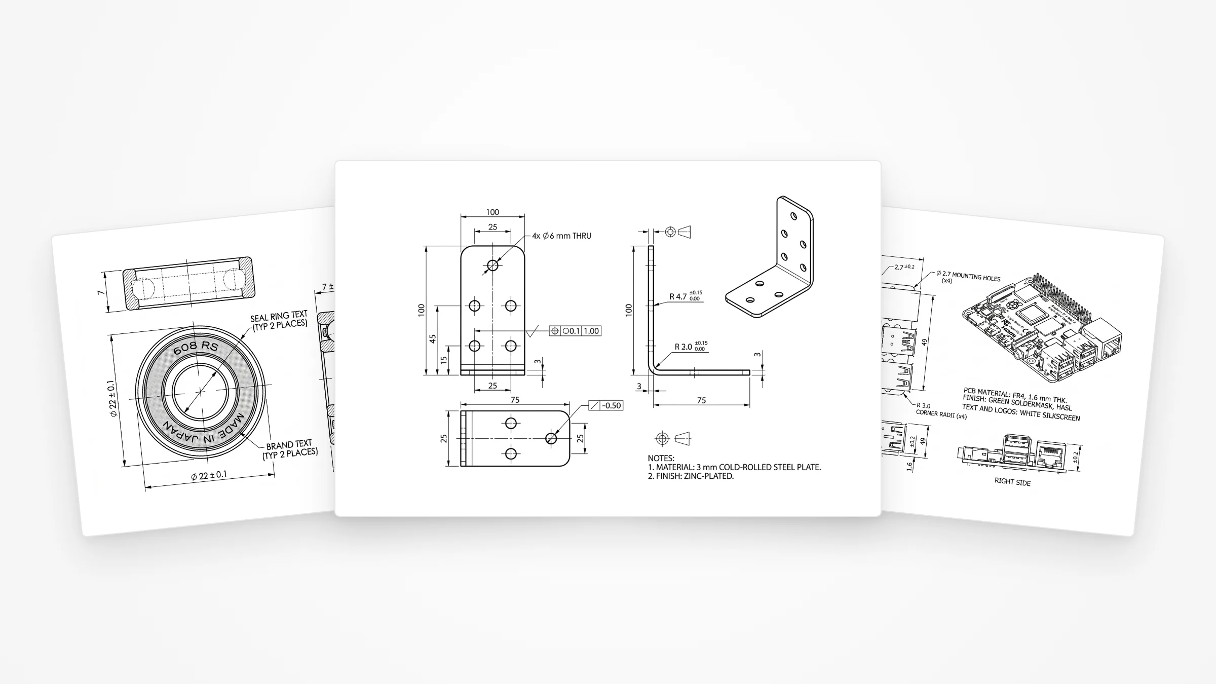 Three AI-generated technical drawings fanned out like sheets on a desk — a 608 ball bearing, a steel angle bracket and a Raspberry Pi board — each with orthographic views, dimension lines and notes
