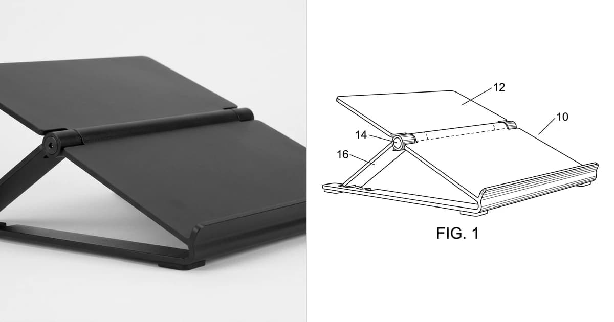 A photo of a folding aluminium laptop stand on the left and the patent style line figure drawn from it on the right, labelled FIG. 1 with reference numerals 10, 12, 14 and 16 on lead lines