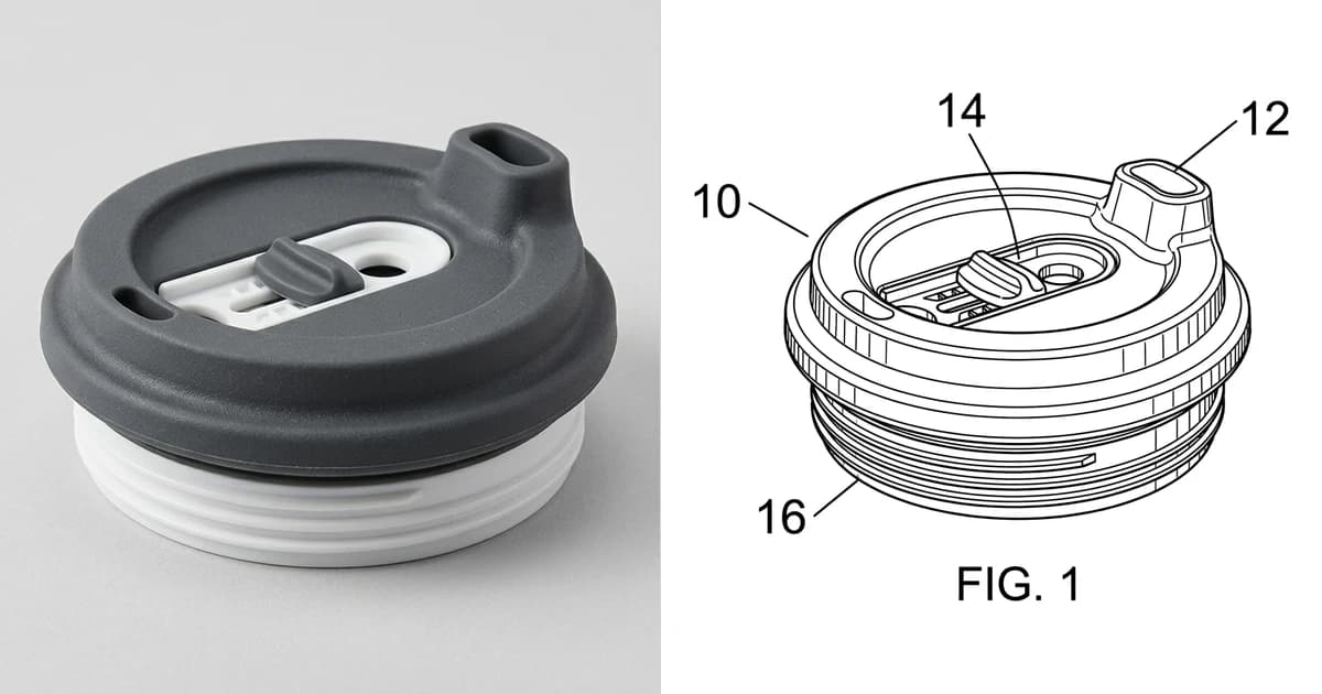 A photo of a collapsible silicone travel mug lid on the left and the patent style line figure drawn from it on the right, labelled FIG. 1 with reference numerals on lead lines