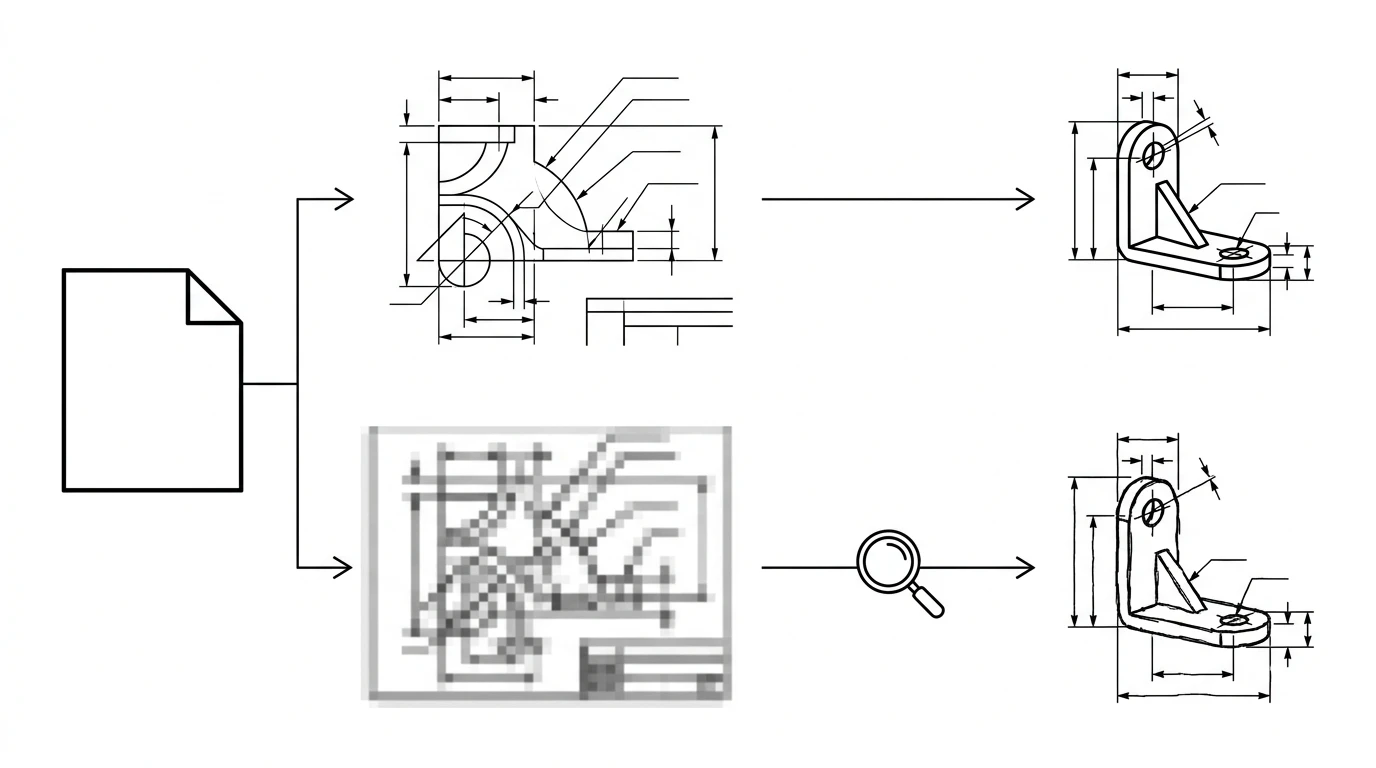 A PDF splitting into two paths: a vector PDF with real lines extracted directly into a DXF, and a scanned PDF traced from pixels into a DXF