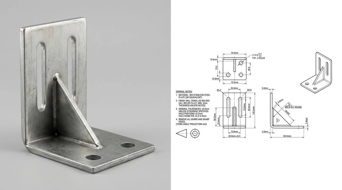 A photo of a steel L-shaped mounting bracket on the left and the clean dimensioned technical drawing produced from it on the right, the kind of drawing you export as either a PDF or a DWG