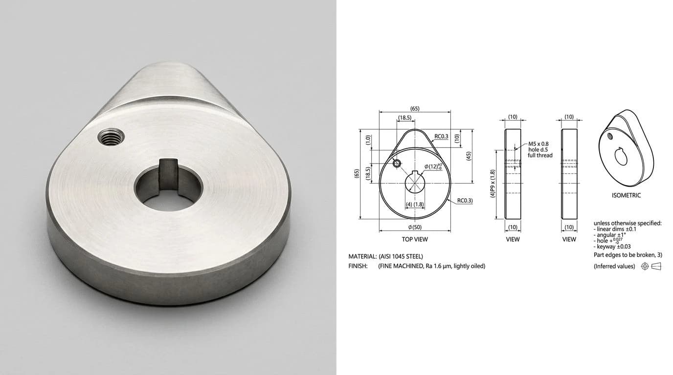 A photo of a machined steel eccentric cam plate on the left and its dimensioned technical drawing on the right, showing the off-centre bore and lobe profile