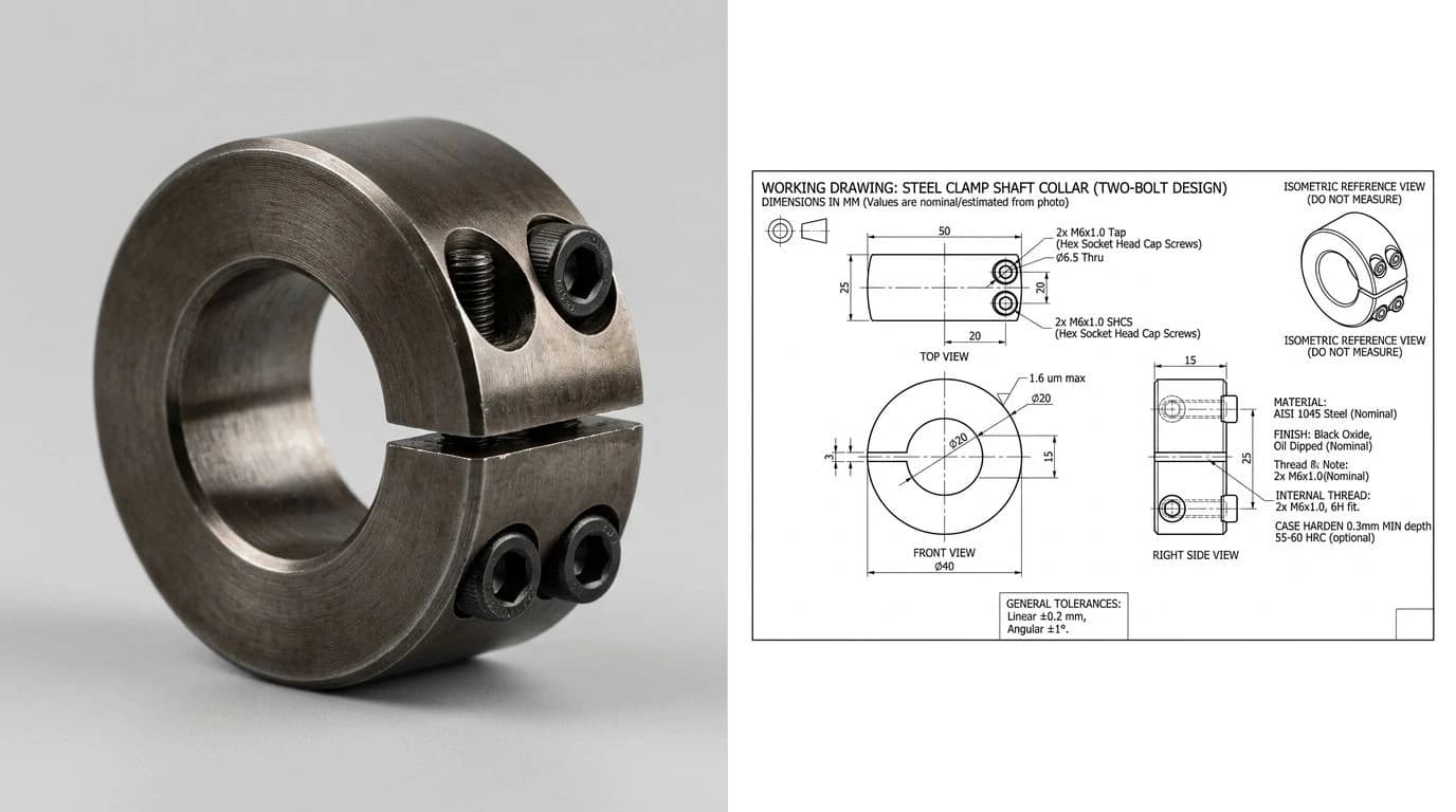 A photo of a steel clamp shaft collar on the left and its dimensioned technical drawing on the right, showing the bore, clamping slit and cap screws