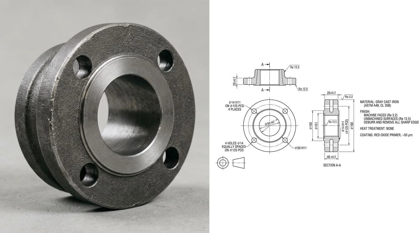 A photo of a cast iron pipe flange on the left and its dimensioned technical drawing on the right, with the bolt circle and bore called out