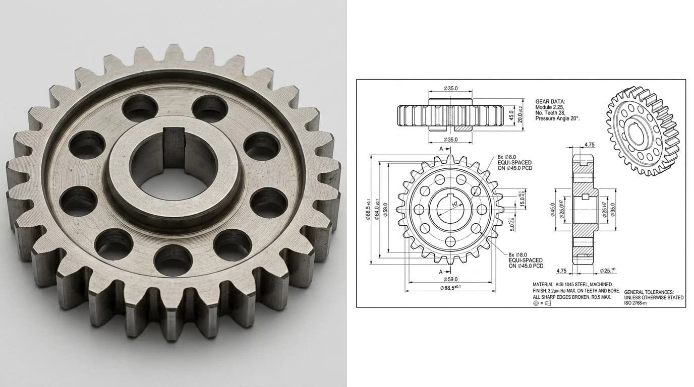 A photo of a machined steel spur gear on the left and the dimensioned orthographic technical drawing generated from it on the right