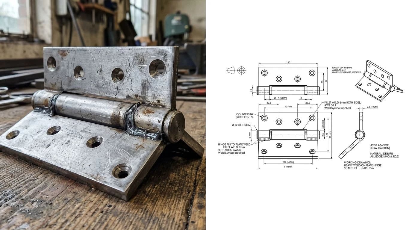A phone photo of a heavy weld-on steel gate hinge on the left and its reconstructed CAD drawing on the right, with dimensioned plate, barrel and pin, hole positions and an isometric view