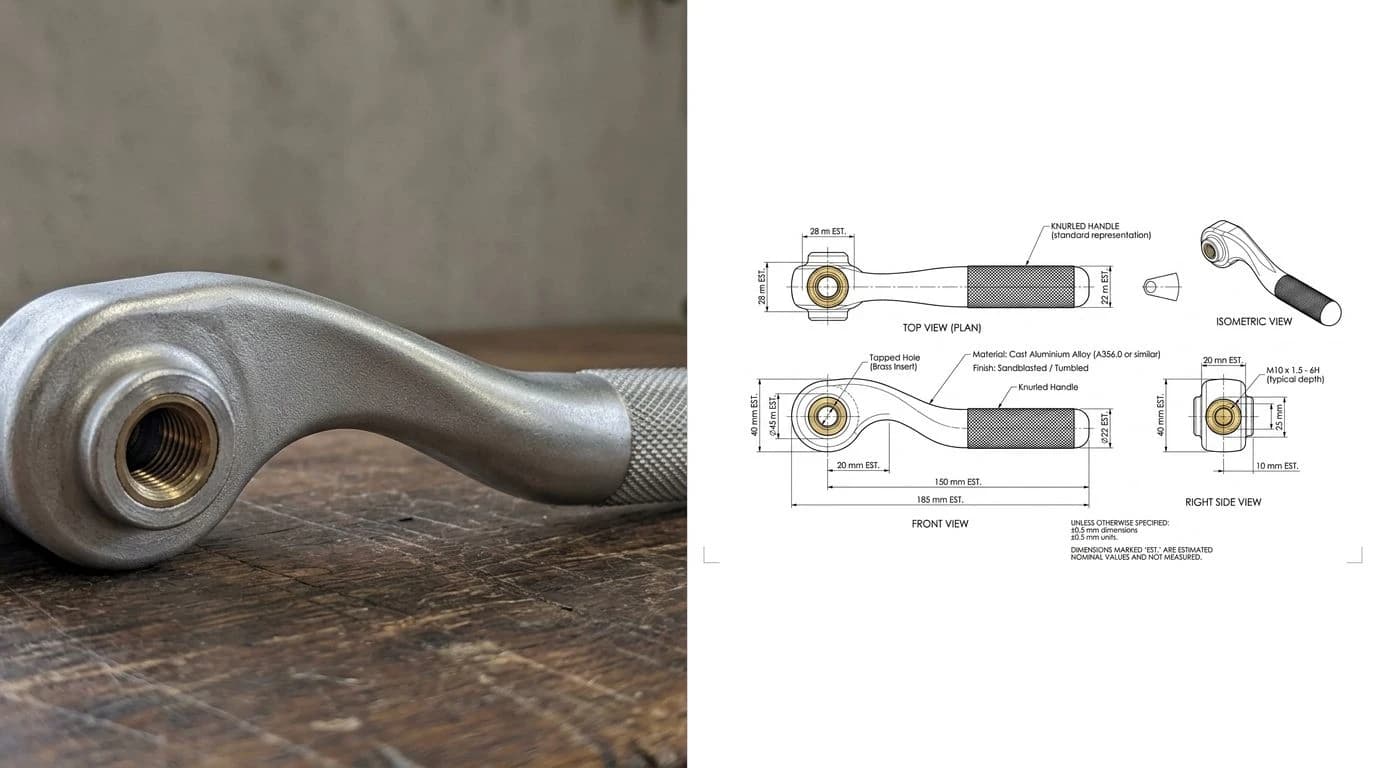 A phone photo of a cast aluminium clamp lever handle on the left and its reconstructed CAD drawing on the right, with a dimensioned profile, the knurled grip, the bossed hub and a threaded insert callout