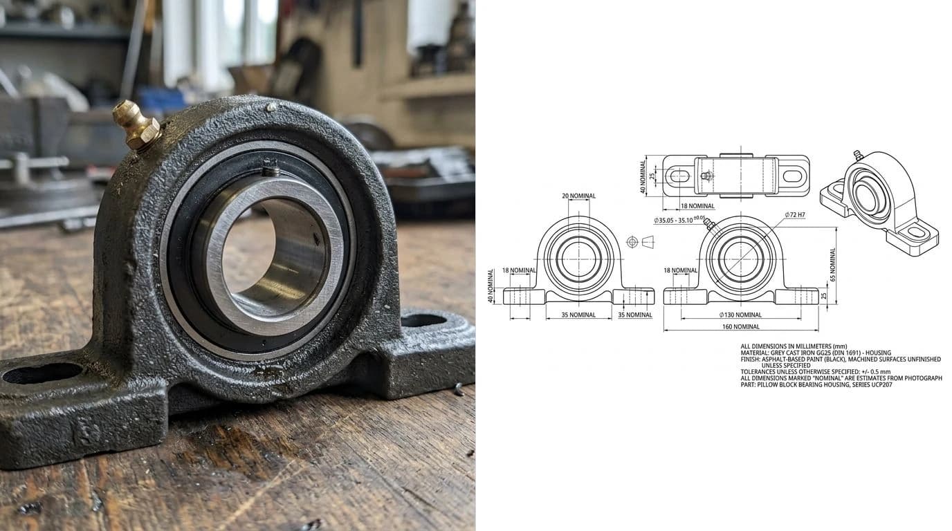 A phone photo of a cast-iron pillow block bearing housing on the left and its reconstructed CAD drawing on the right, with a dimensioned front view, the bore, the two slotted mounting feet and a side view