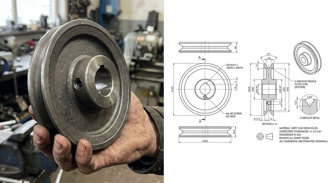 A phone photo of a cast-iron V-belt pulley on the left and the same part as a dimensioned CAD technical drawing on the right, with front and side views, the V-groove profile, bore, keyway and diameter callouts