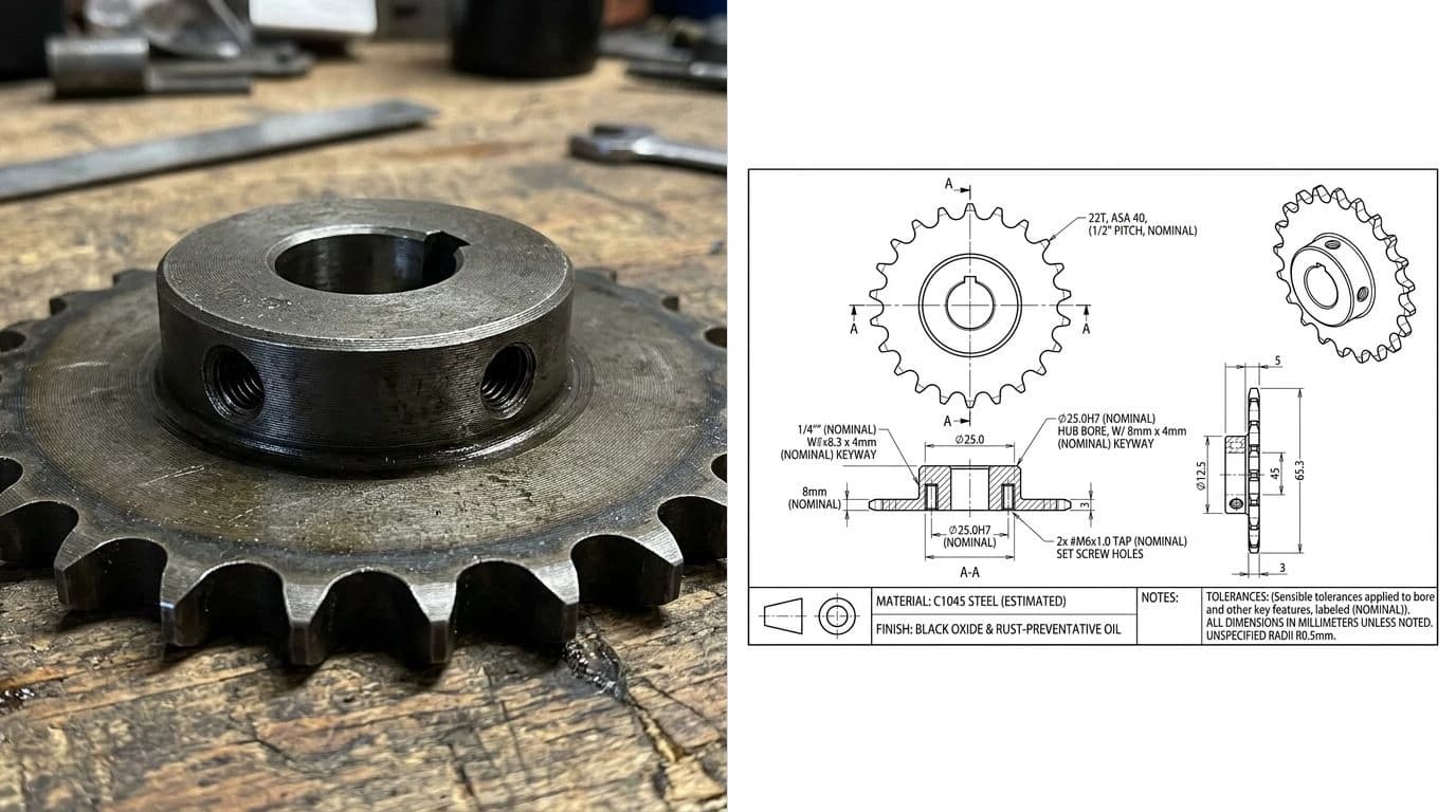 A phone photo of a steel roller-chain sprocket on the left and its reconstructed CAD drawing on the right, with a dimensioned front view, the tooth count, bore, keyway and set-screw holes, plus a side view