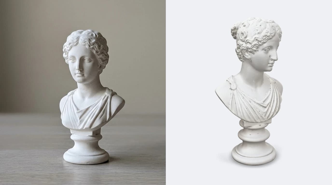 A phone photo of a small plaster bust sculpture on the left and the same bust reconstructed as a shaded, watertight 3D model on the right, rotated slightly to show it is solid all the way around