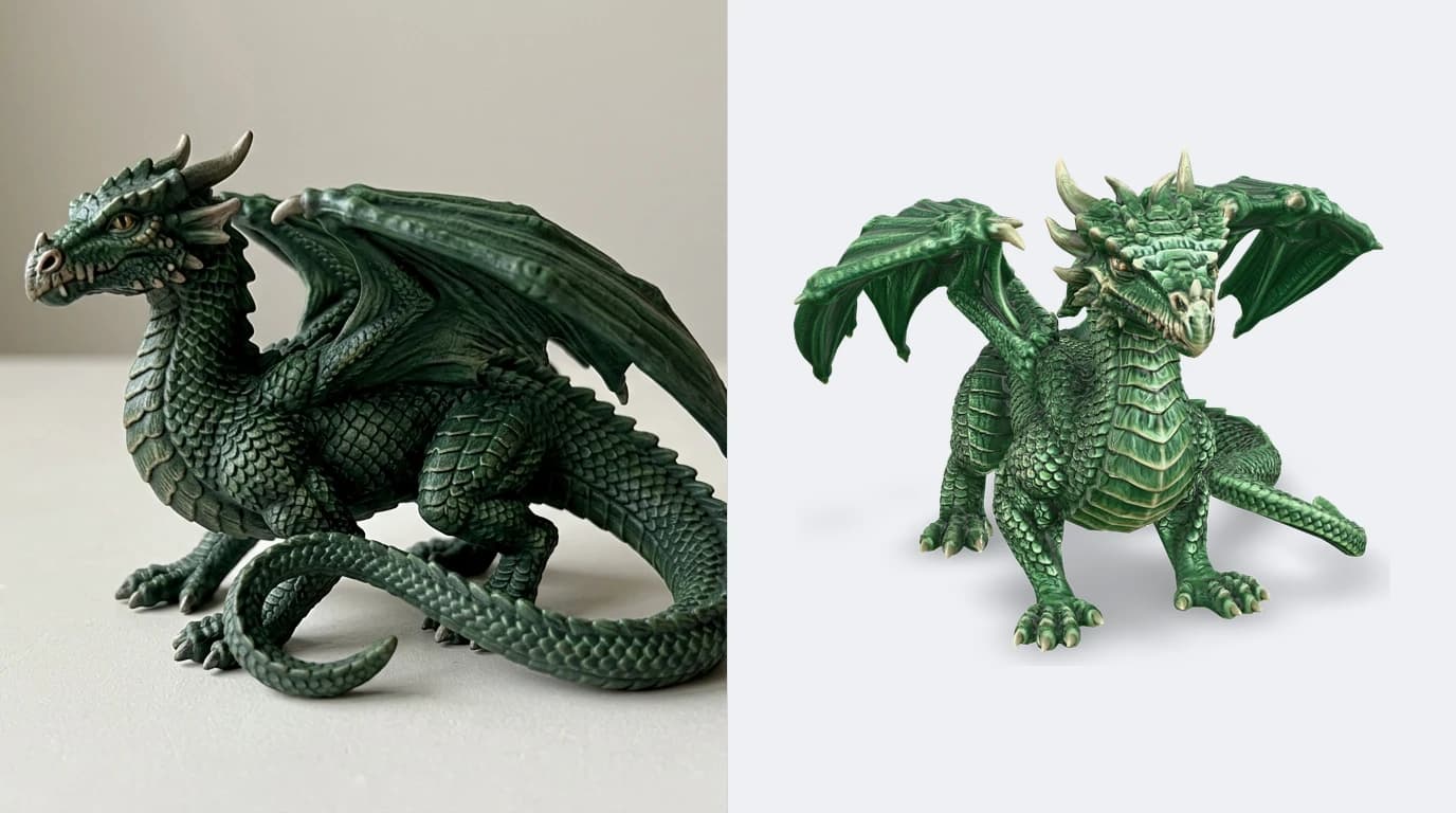 A phone photo of a small resin dragon figurine on the left and the same dragon reconstructed as a shaded, watertight 3D model on the right, ready to export as STL and print
