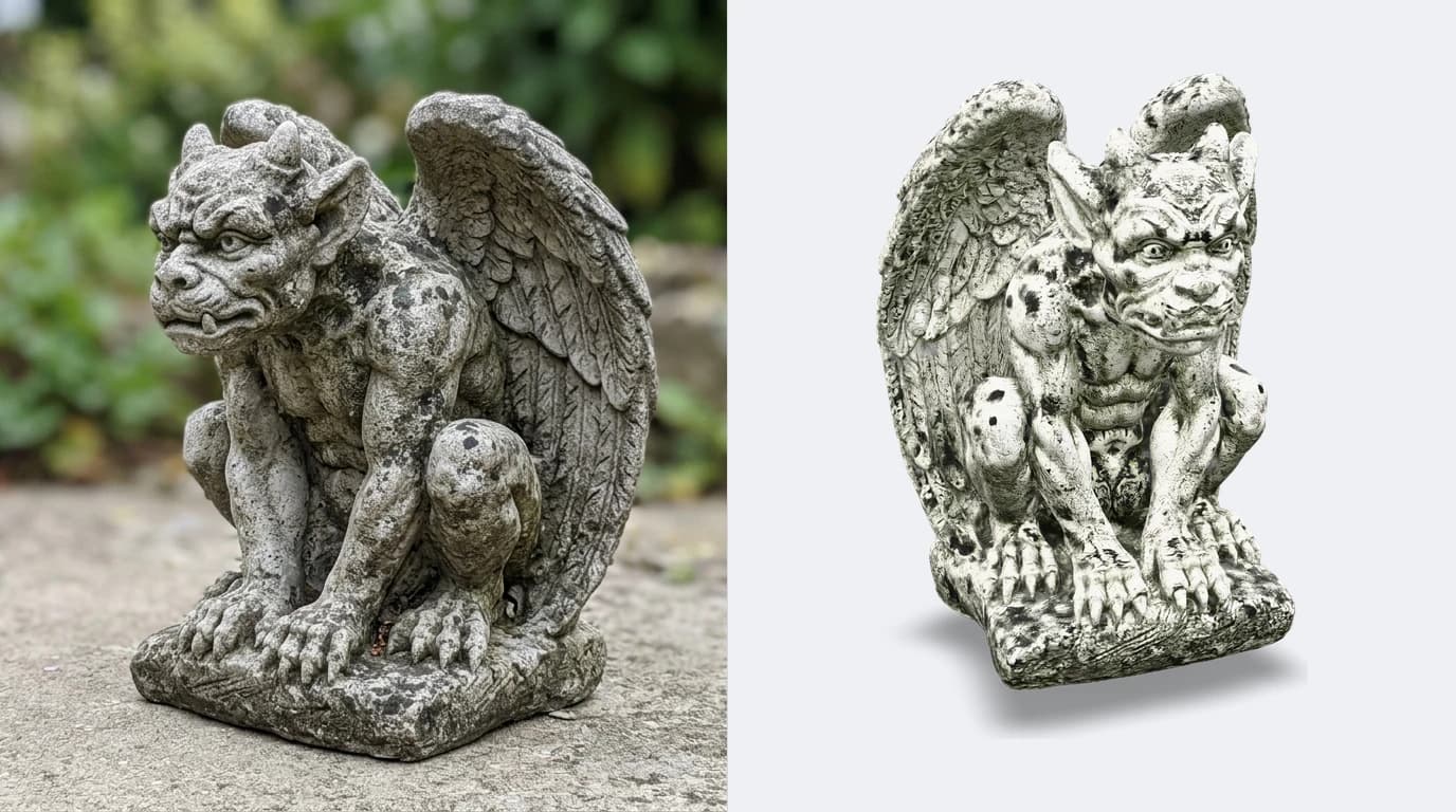 A phone photo of a stone gargoyle garden ornament on the left and the same gargoyle reconstructed as a shaded, watertight 3D model ready to export as STL on the right